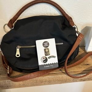 Old navy nylon saddle bag faux leather straps with bonus pin charms